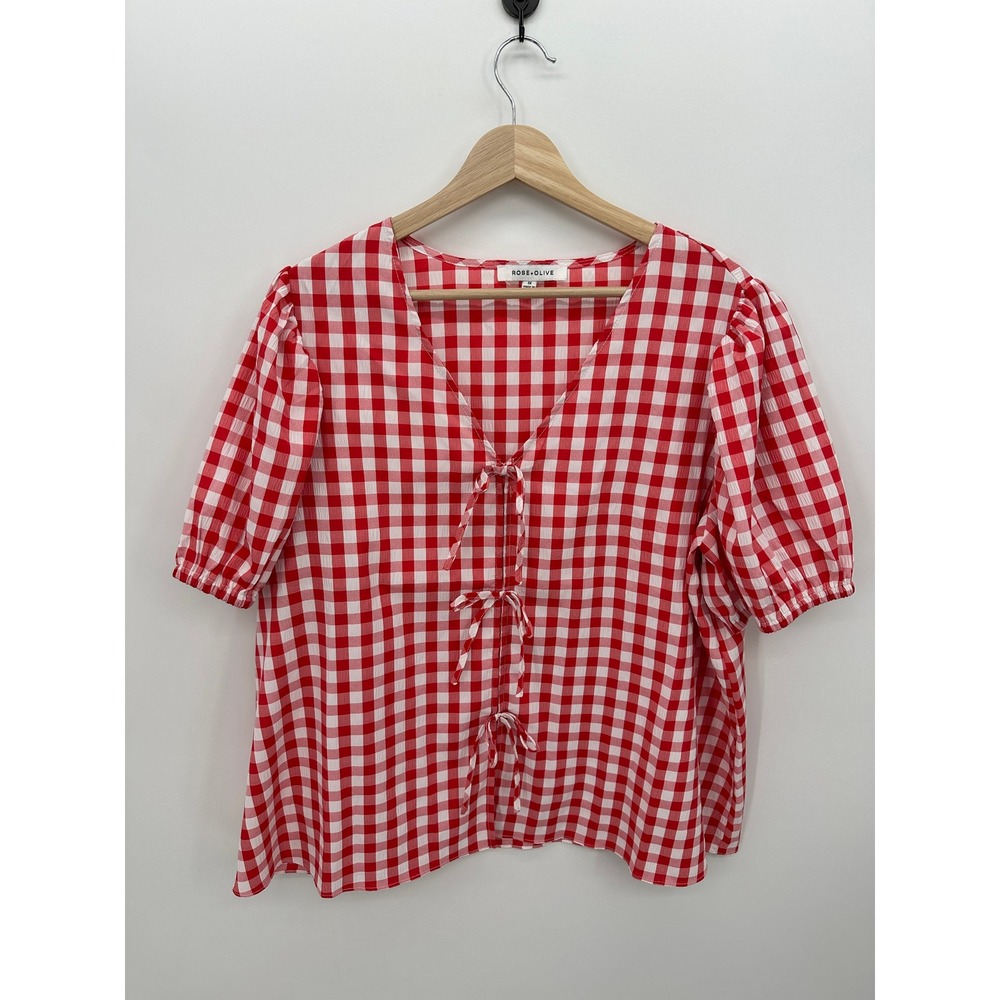 Rose + Olive Womens 1X Red White Gingham Check Tie Front Puff Sleeve Blouse